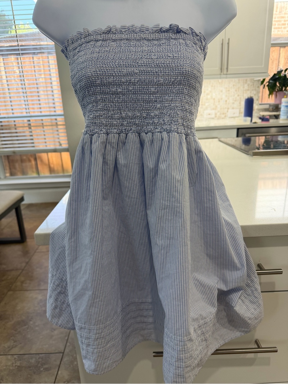 American Eagle Outfitters Light Blue & White Striped Strapless Dress